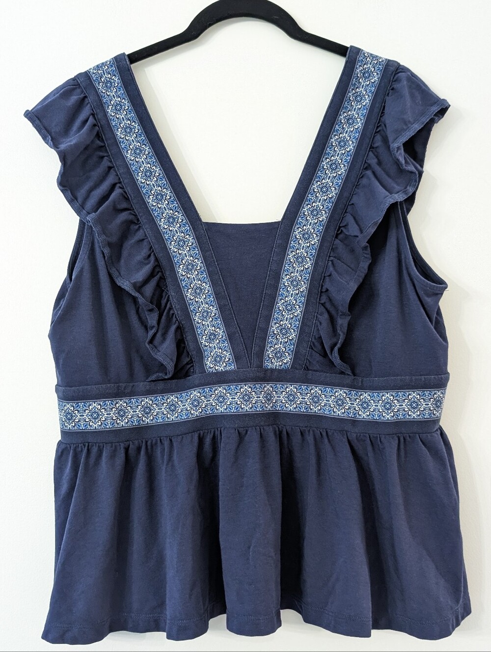 Lands End Navy peplum ruffle Blouse Womens Size XL